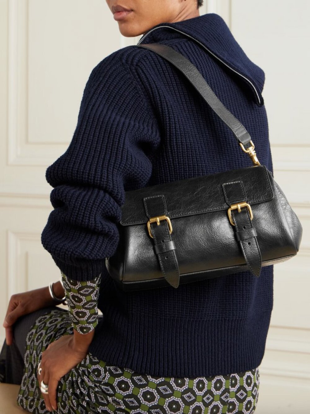 $1375 Dries Van Noten Black Patent Leather Foldover Shoulder Bag